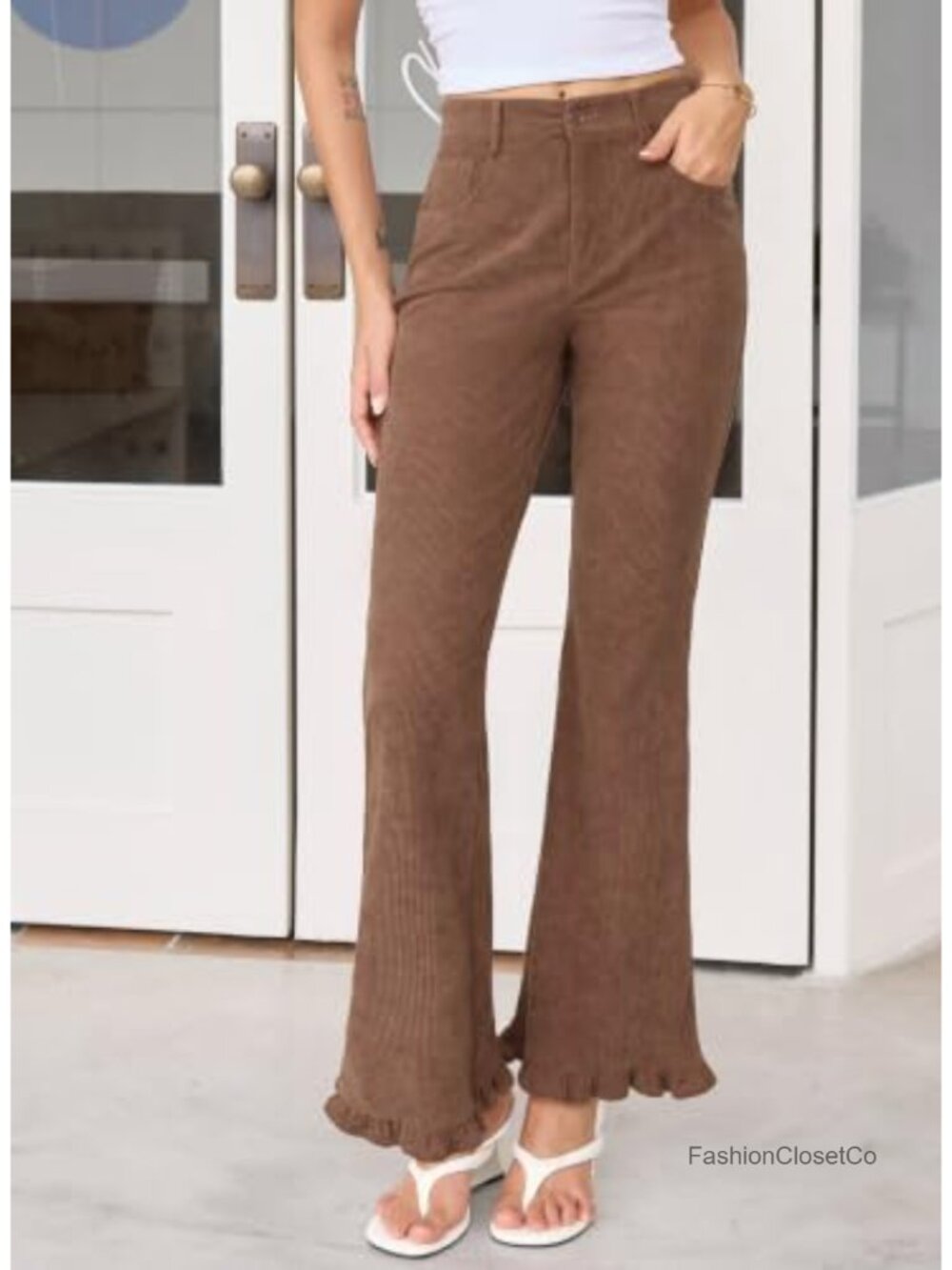 Women's High Waisted Corduroy Flare Pants Retro Button Front Pockets - Picture 3 of 6